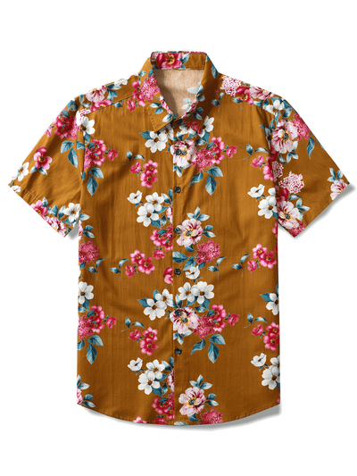 Camicia da uomo a maniche corte con fantasia floreale marrone