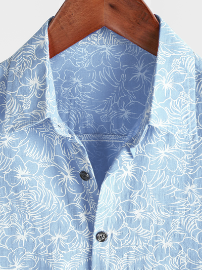 Herren Freizeit Blau Blumenmuster Sommer Kurzarmhemd