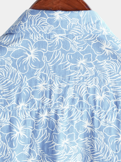 Herren Freizeit Blau Blumenmuster Sommer Kurzarmhemd