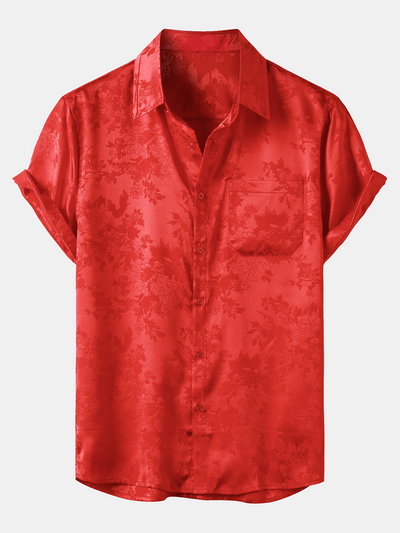 Men's Casual Jacquard Floral Pocket Short Sleeve Shirt