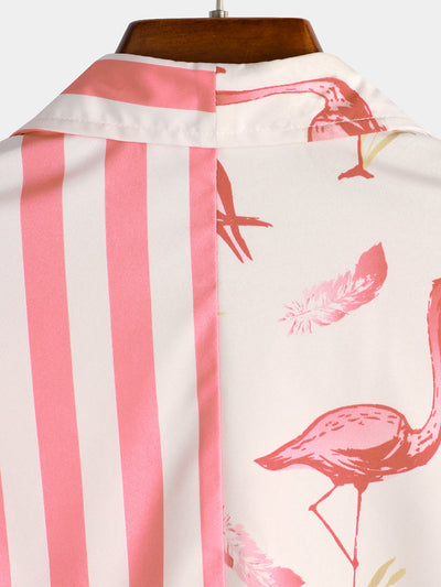 Herren Hemd mit Flamingo kurzen Ärmeln Rosa