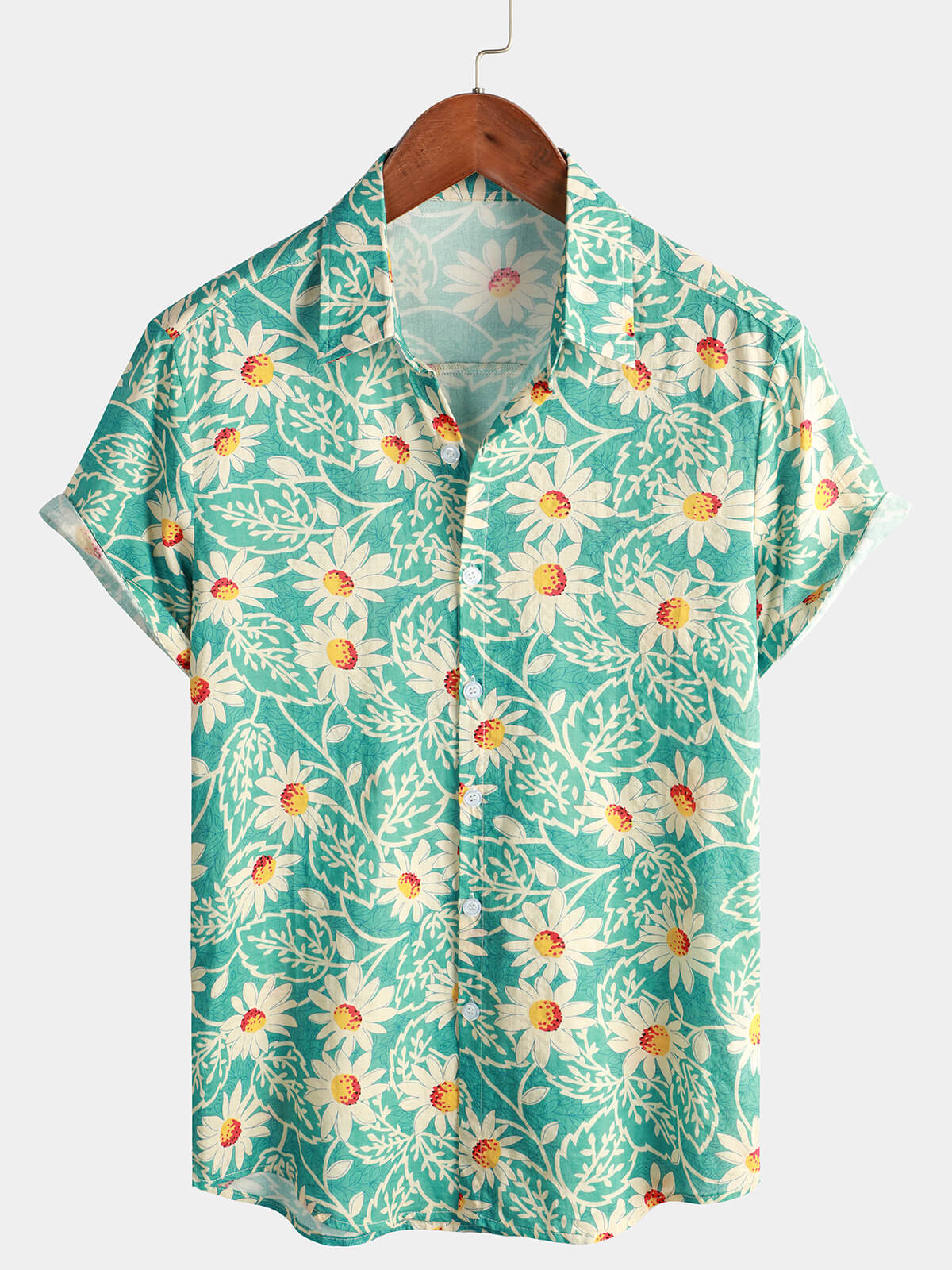 Herren Retro Freizeit Blumenmuster Sommer Kurzarmhemd Grün