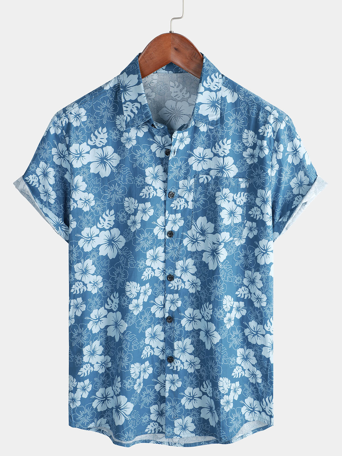 Men's Blue Hawaiian Floral Holiday Casual Pocket Short Sleeve Button Up Shirt