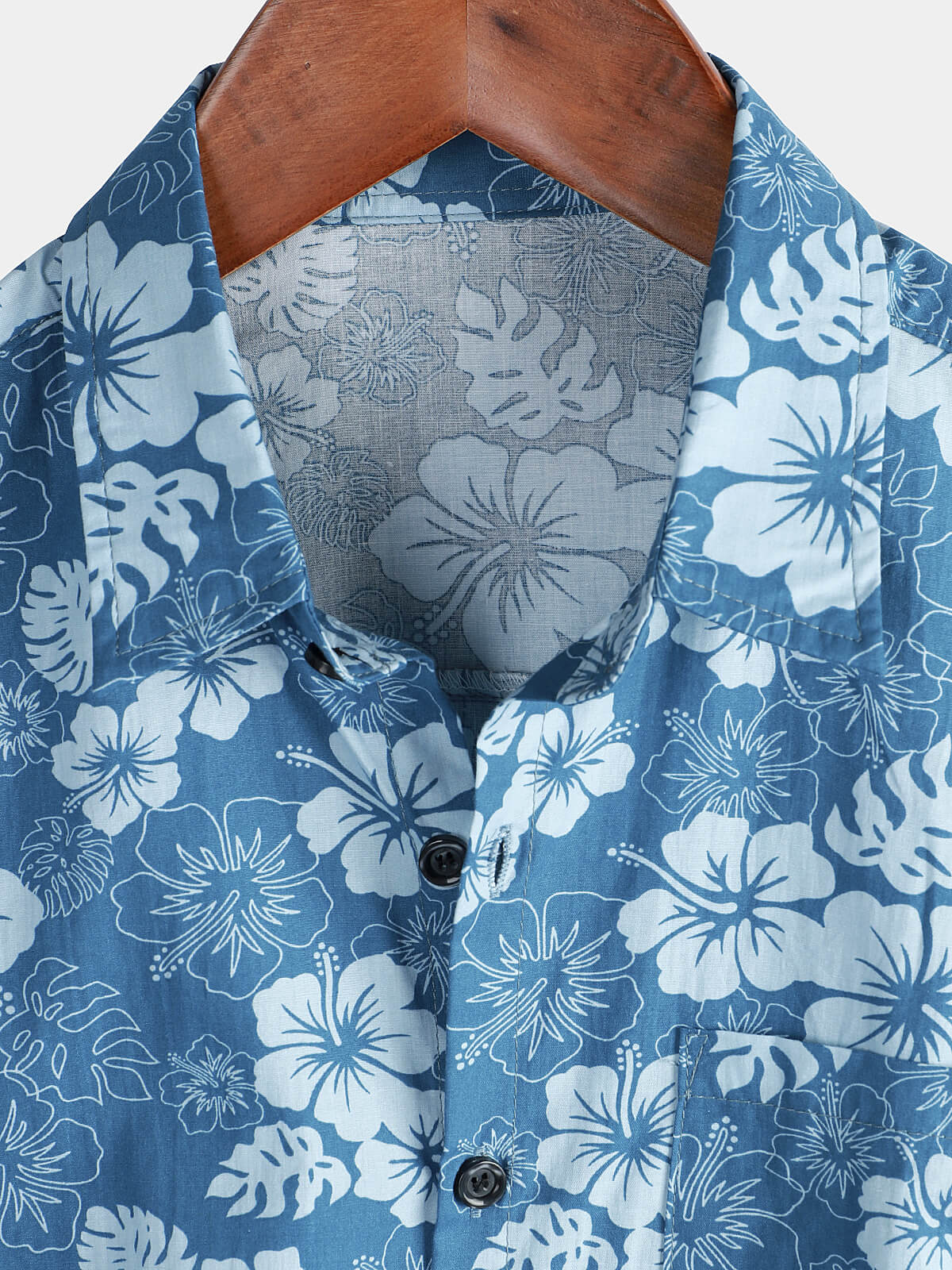 Men's Blue Hawaiian Floral Holiday Casual Pocket Short Sleeve Button Up Shirt