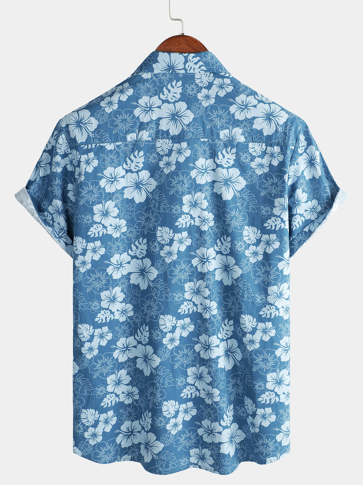 Men's Blue Hawaiian Floral Holiday Casual Pocket Short Sleeve Button Up Shirt