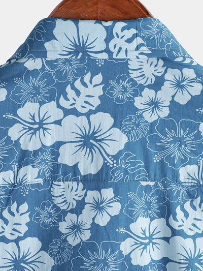 Men's Blue Hawaiian Floral Holiday Casual Pocket Short Sleeve Button Up Shirt