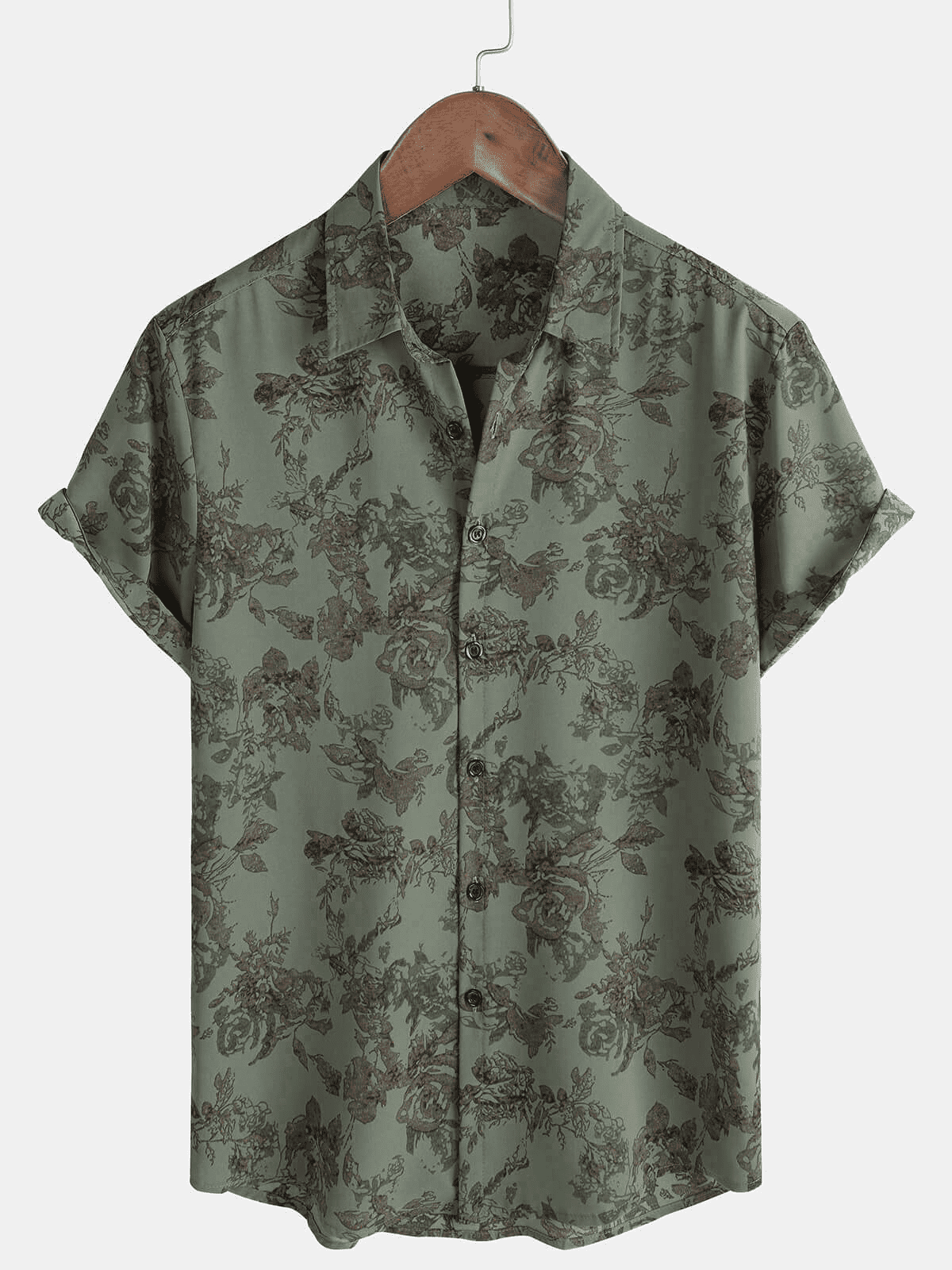 Herren Kurzärmliges Hemd mit Rosen-Blumenmuster Grün