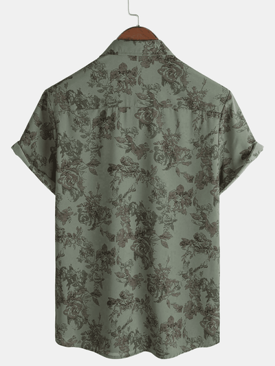 Herren Kurzärmliges Hemd mit Rosen-Blumenmuster Grün