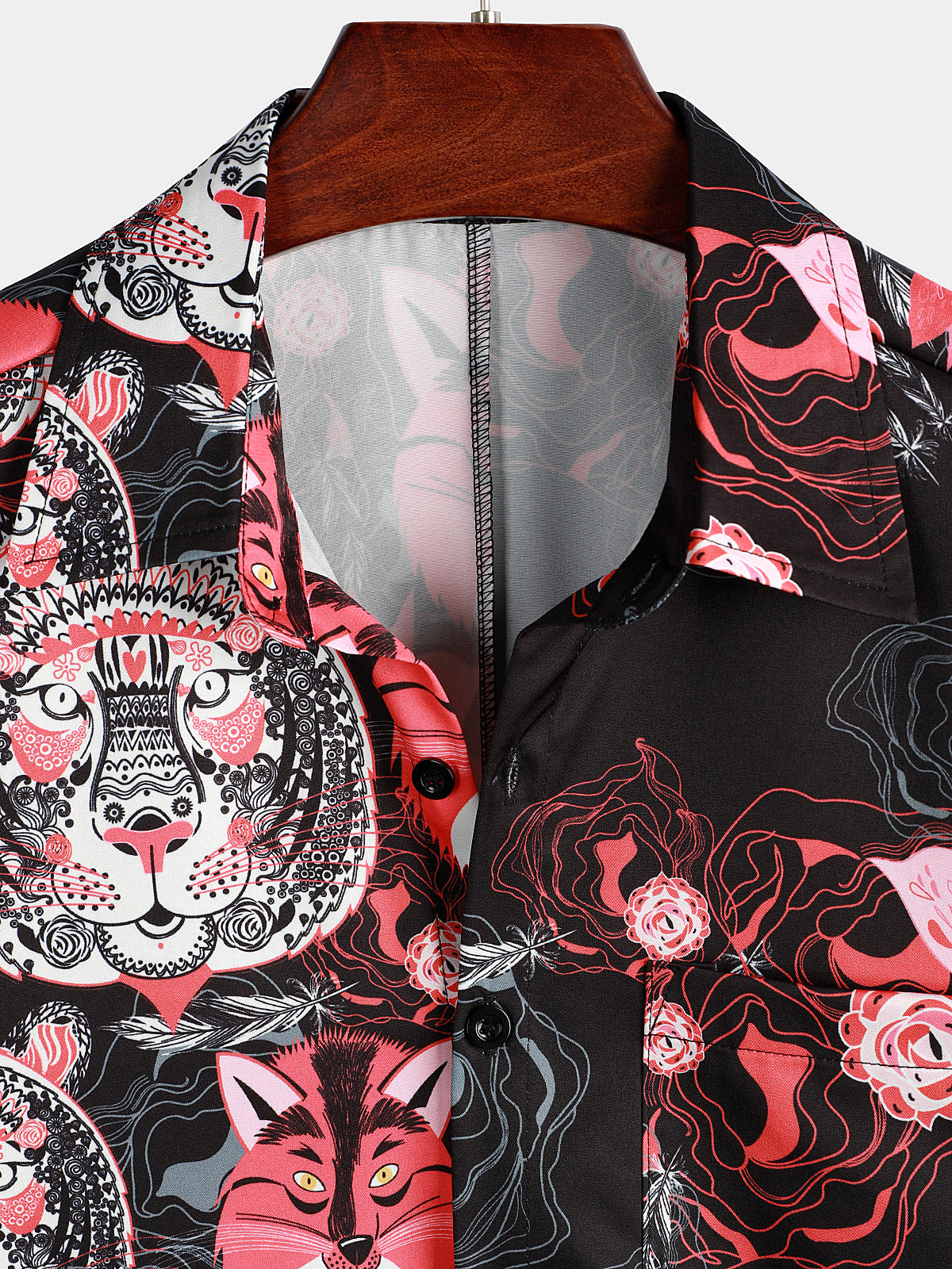 Herren-Sommer-Taschenhemd mit Tiger- und Rosen-Print