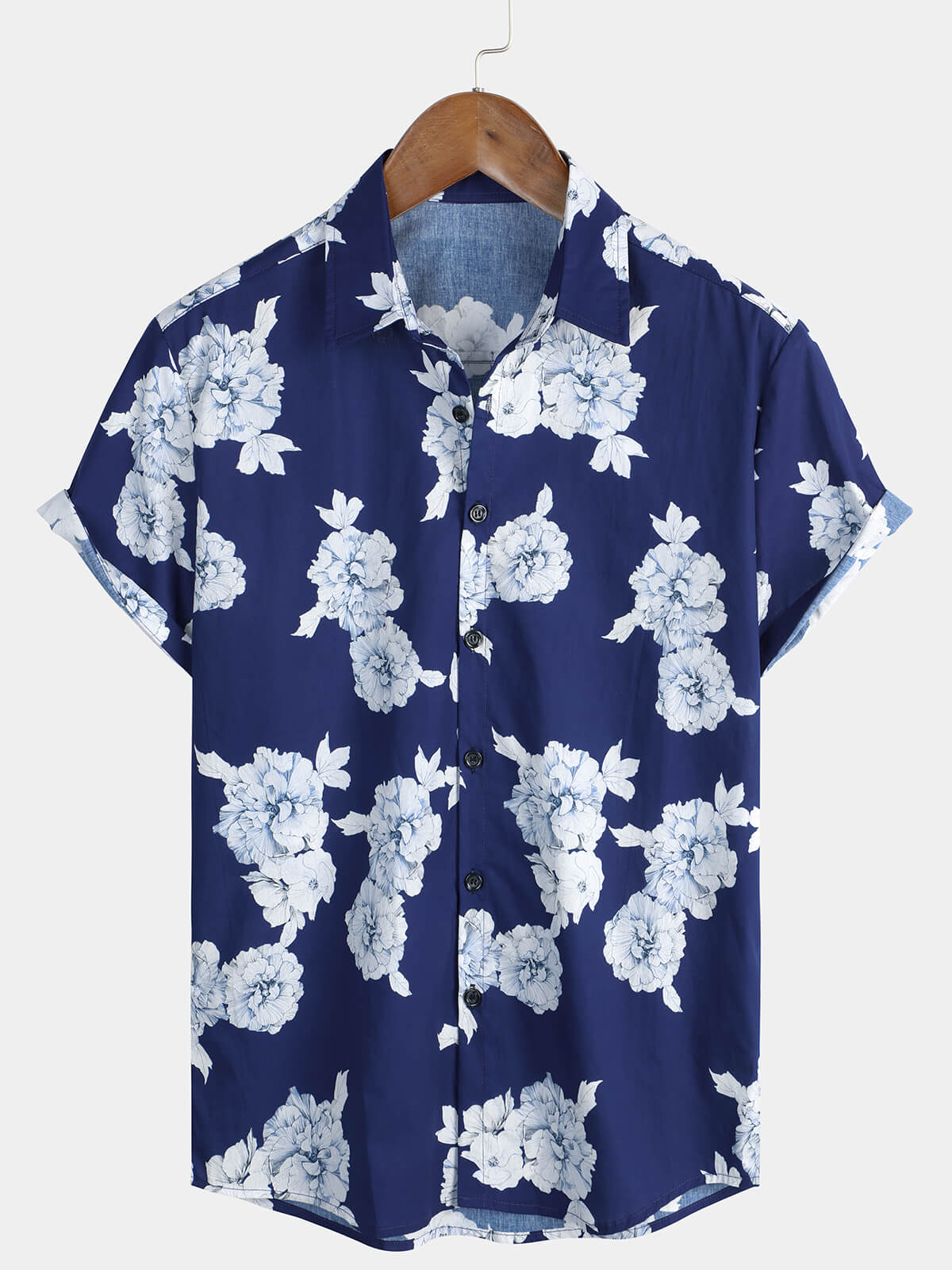 Herren Baumwolle Blumenmuster Hawaiihemd Navy blau