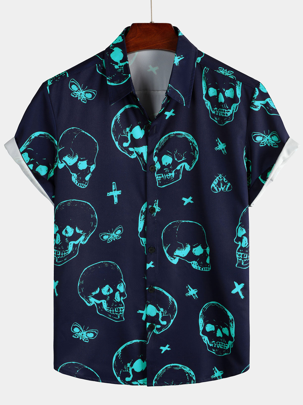 Herren Kurzarmhemd mit Totenkopf-Print Blau