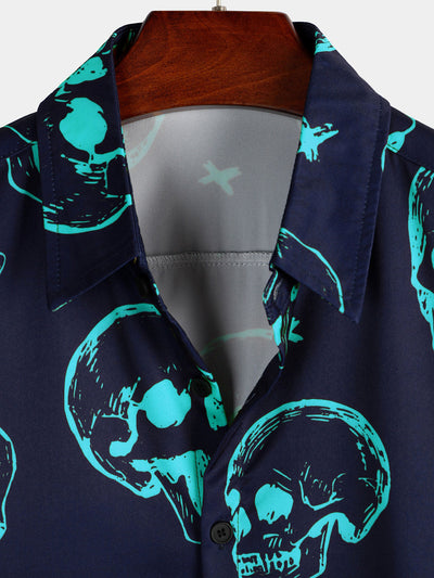 Herren Kurzarmhemd mit Totenkopf-Print Blau