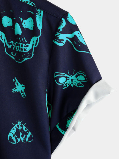 Herren Kurzarmhemd mit Totenkopf-Print Blau