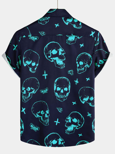 Herren Kurzarmhemd mit Totenkopf-Print Blau