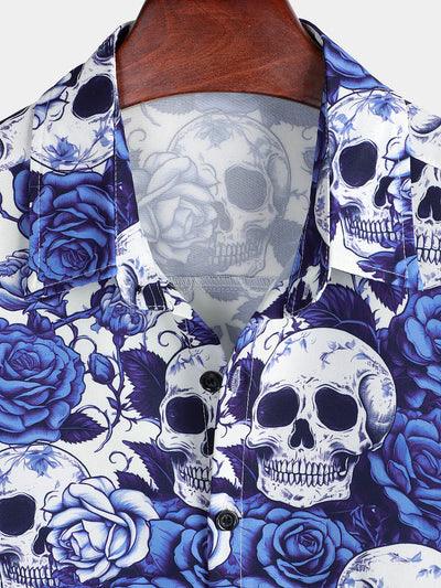 Herren Urlaubshemd mit Blumen-Totenkopf Blau