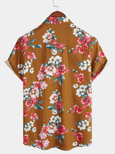 Camicia da uomo a maniche corte con fantasia floreale marrone