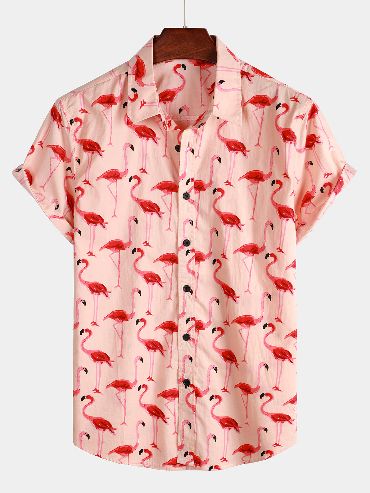 Herren Kurzarm-Hawaiihemd mit Flamingo-Print Rosa