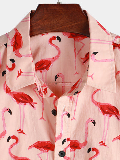 Herren Kurzarm-Hawaiihemd mit Flamingo-Print Rosa