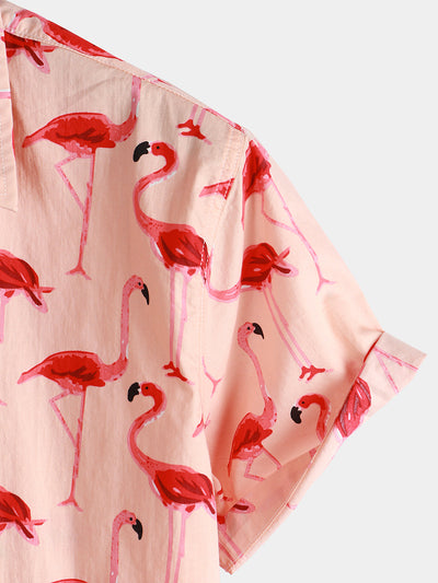 Herren Kurzarm-Hawaiihemd mit Flamingo-Print Rosa