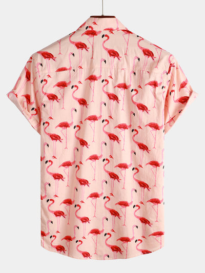 Herren Kurzarm-Hawaiihemd mit Flamingo-Print Rosa