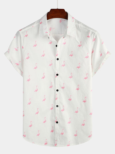 Herren Sommer Flamingo-Print Hemd mit kurzen Ärmeln