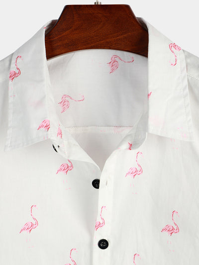 Herren Sommer Flamingo-Print Hemd mit kurzen Ärmeln