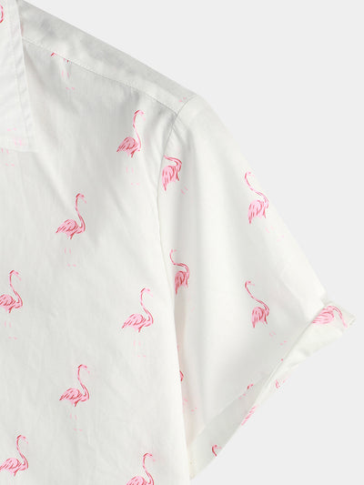 Herren Sommer Flamingo-Print Hemd mit kurzen Ärmeln