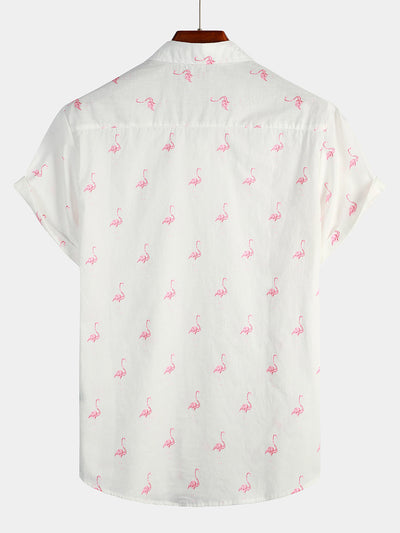 Herren Sommer Flamingo-Print Hemd mit kurzen Ärmeln