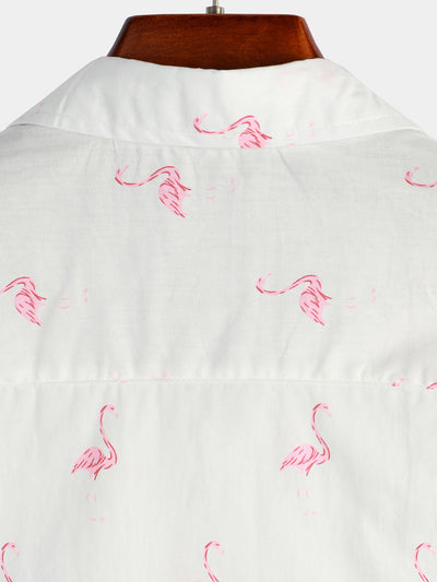 Herren Sommer Flamingo-Print Hemd mit kurzen Ärmeln