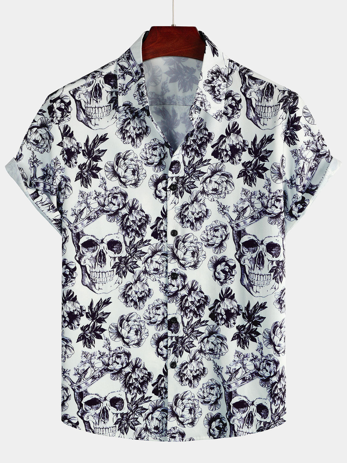 Herren Kurzärmliges Hemd mit Blumen- und Totenkopf-Print Schwarz