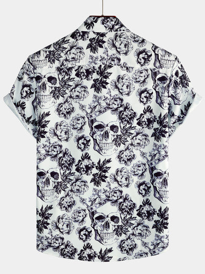 Herren Kurzärmliges Hemd mit Blumen- und Totenkopf-Print Schwarz