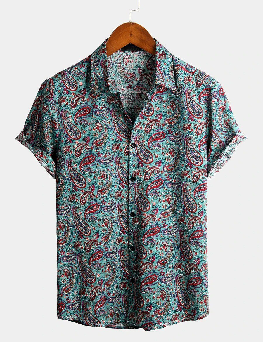 Herren Retro Sommer Paisley Hemd mit kurzen Ärmeln