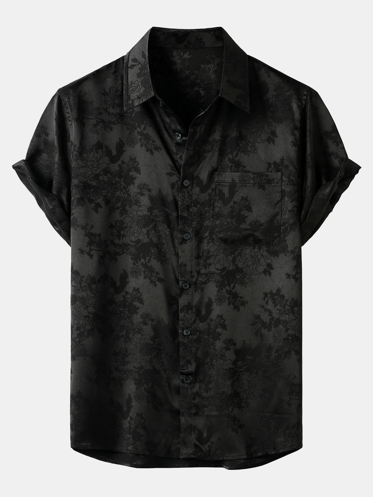 Men's Casual Jacquard Floral Pocket Short Sleeve Shirt