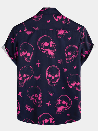 Herren Kurzarmhemd mit Totenkopf-Print Rosa