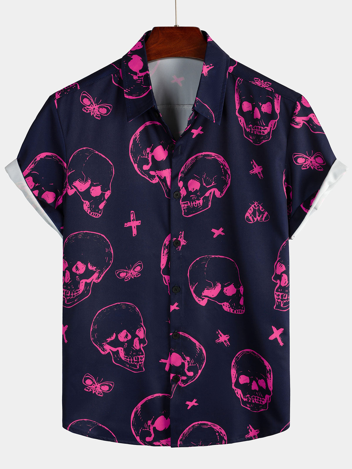 Herren Kurzarmhemd mit Totenkopf-Print Rosa