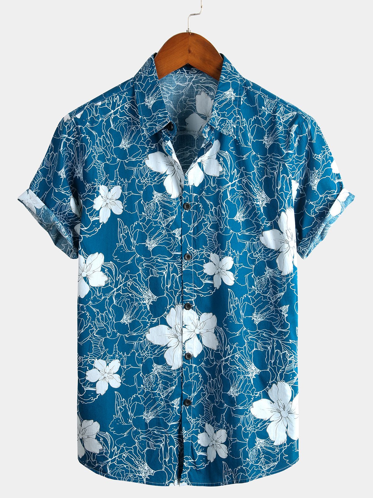 Camicia estiva da uomo hawaiana resort a maniche corte con motivo floreale blu