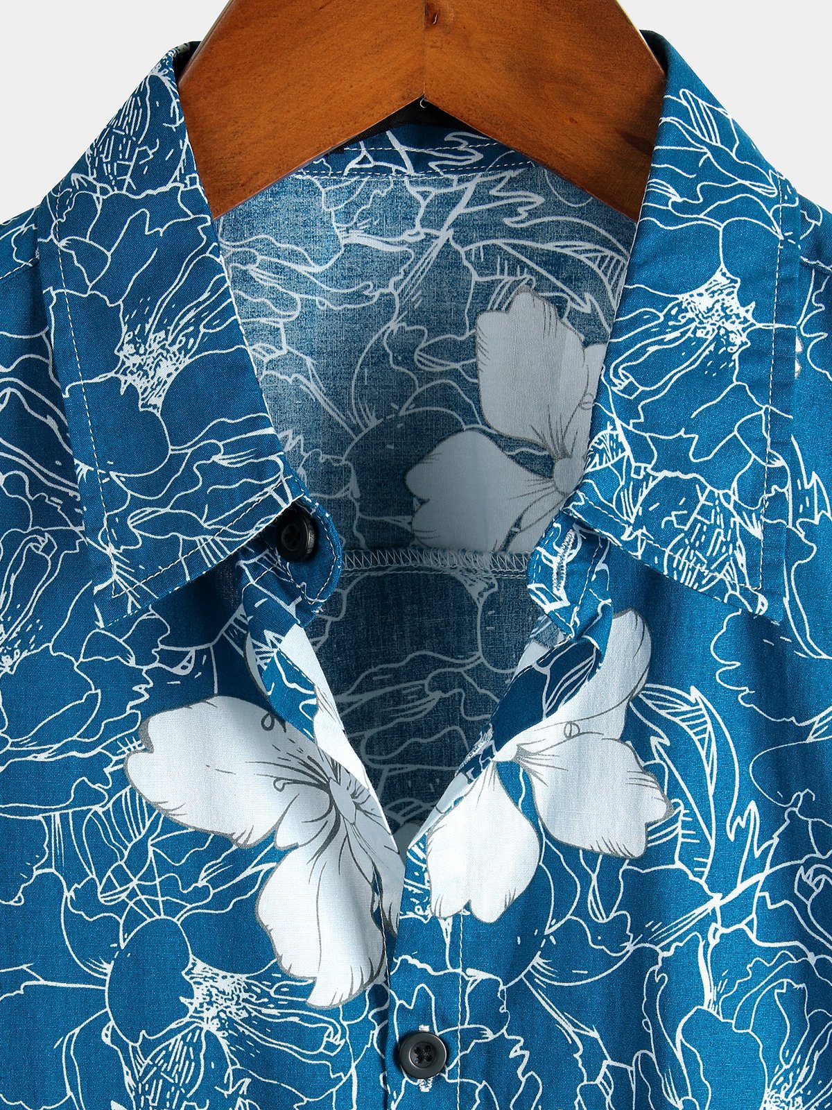 Camicia estiva da uomo hawaiana resort a maniche corte con motivo floreale blu