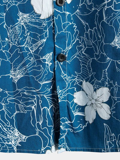 Camicia estiva da uomo hawaiana resort a maniche corte con motivo floreale blu