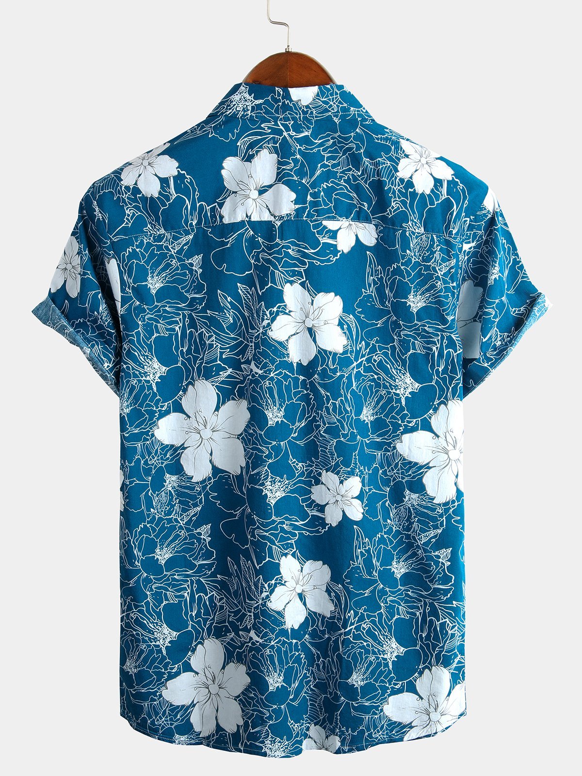 Camicia estiva da uomo hawaiana resort a maniche corte con motivo floreale blu