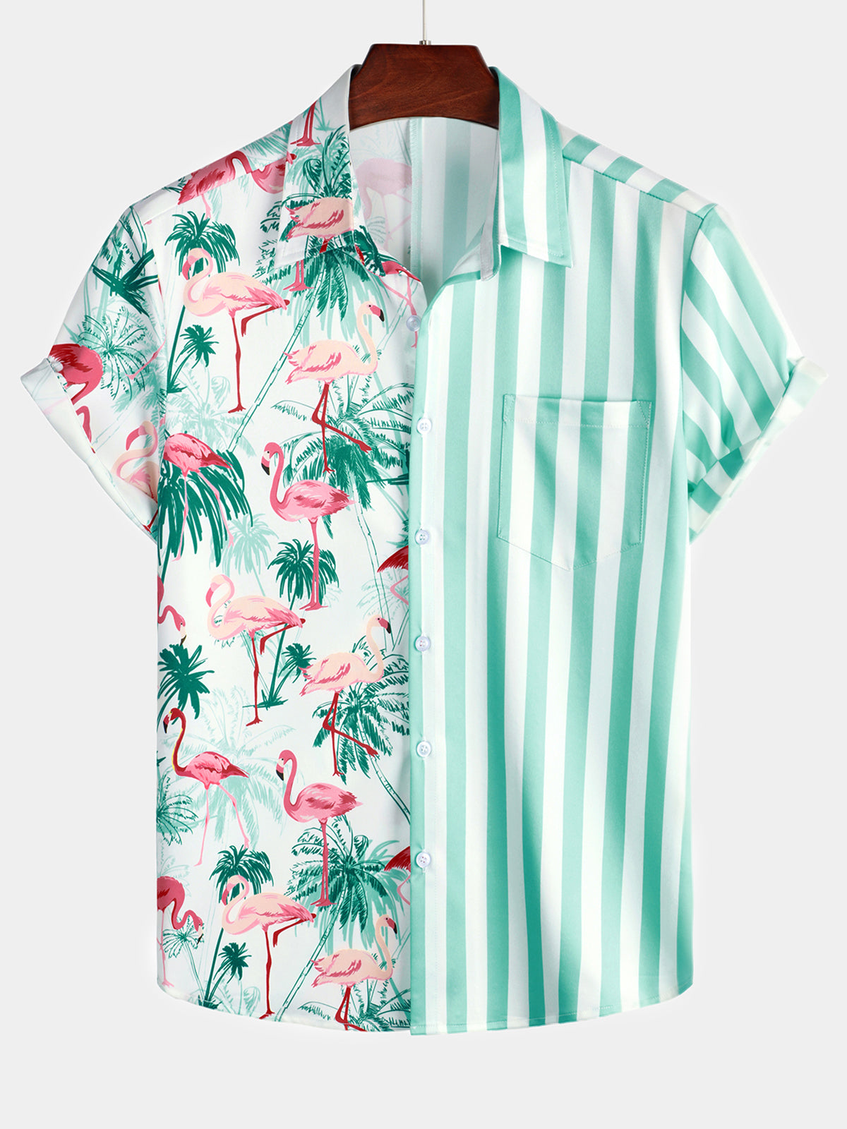 Herren Sommer Flamingo-Print Hemd mit kurzen Ärmeln