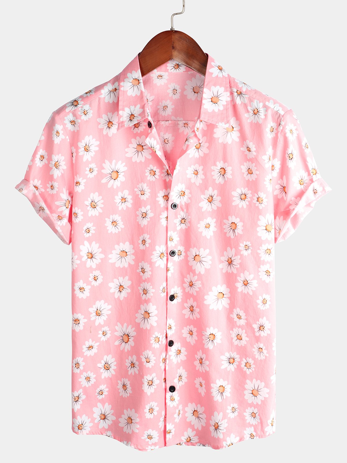 Herren Kurzärmliges Sommerhemd mit Gänseblümchen Blumenmuster Rosa