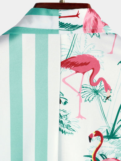 Herren Sommer Flamingo-Print Hemd mit kurzen Ärmeln