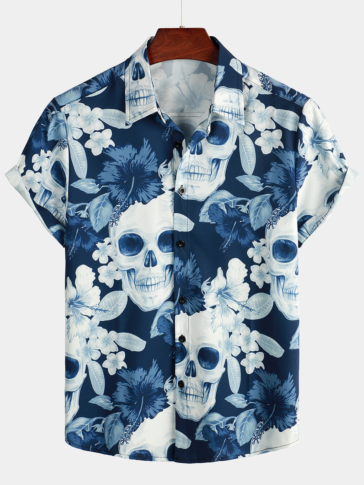 Lustiges Herren-Kurzarmshirt mit Totenkopf-Rosen-Print