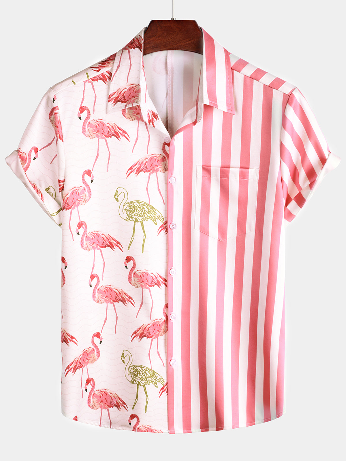 Herren Sommer Flamingo-Print Hemd mit kurzen Ärmeln