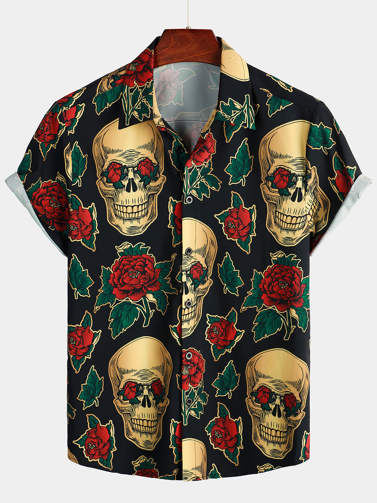 Lustiges Herren-Kurzarmshirt mit Totenkopf-Rosen-Print