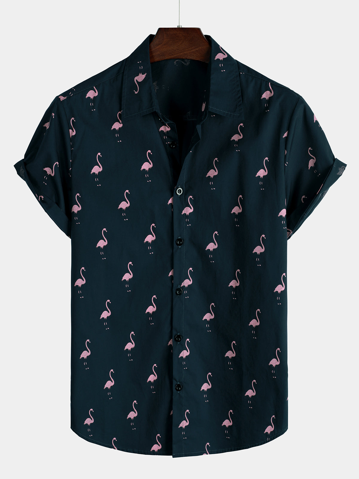 Herren Sommer Flamingo-Print Hemd mit kurzen Ärmeln