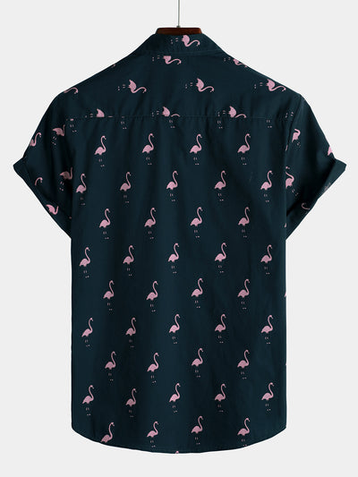 Herren Sommer Flamingo-Print Hemd mit kurzen Ärmeln