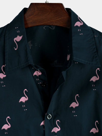 Herren Sommer Flamingo-Print Hemd mit kurzen Ärmeln