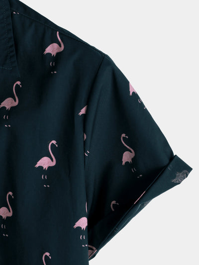 Herren Sommer Flamingo-Print Hemd mit kurzen Ärmeln