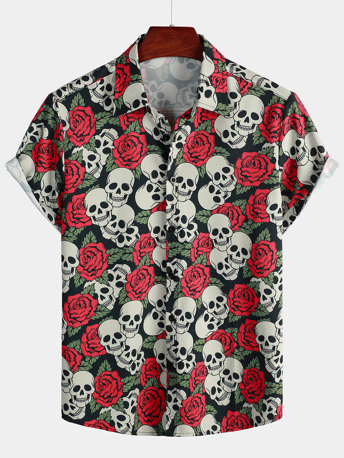 Lustiges Herren-Kurzarmshirt mit Totenkopf-Rosen-Print